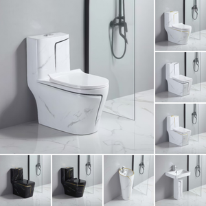 Sanitaire keramiek toiletten, één geheel, goud-wit gekleurd, Gold Line Design. - Product Image 5