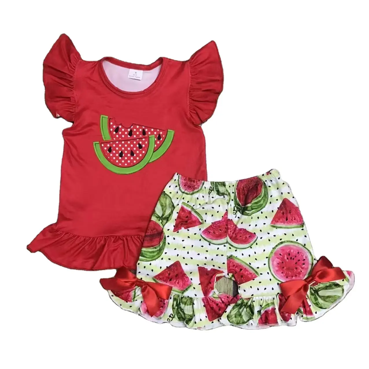 The latest hot selling boutique wholesale children's clothes watermelon red sleeveless top green shorts girl suit