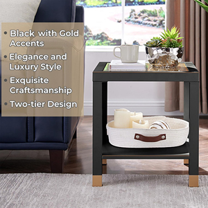 Square Side Table with Shelf Tempered Glass Metal Frame Living Room Nightstand - Product Image 3