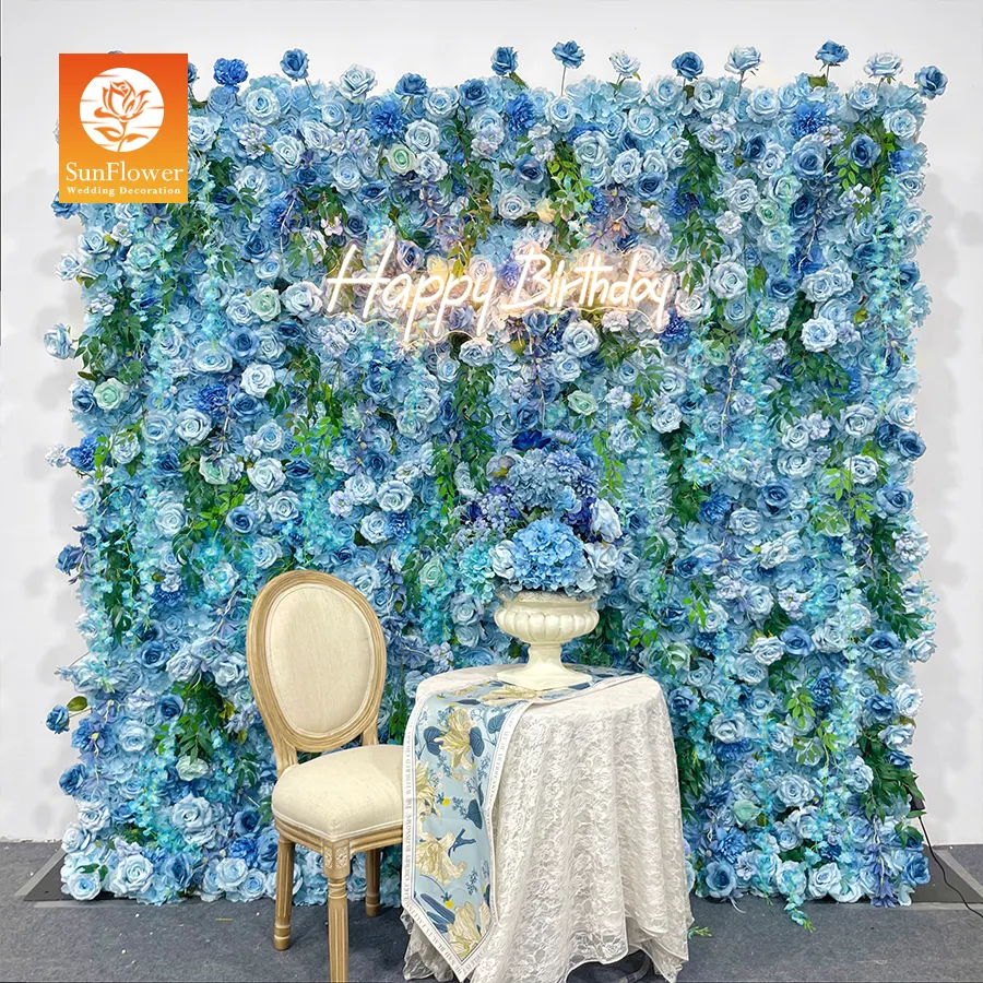 Sunwedding 3D digulung latar belakang bunga biru, dekorasi pesta bunga buatan Dinding