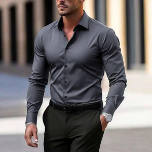 Kemeja Kantor Pria Seragam Kerja Hitam Ukuran Besar Profesional Slim Fit Kasual Berhias Manik-Manik Putih Musim Semi Gugur Bahan Poliester Tahan Lama Baru - Product Image 3