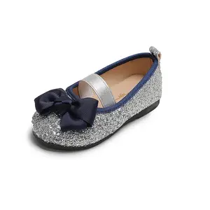 Moda slip-on style toddler kids nude color big bow glitter kids party shoes girls