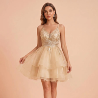 Robe de bal à sequins pour femme, robe de soirée en tulle sans manches, col en V personnalisé, appliques en dentelle, robe de soirée de luxe 2026
