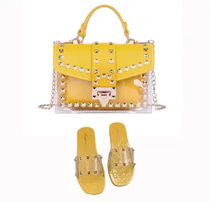 PVC Rivet Jelly Purses and hand bags matching sandals Fashionable Clear crossbody shoulder bag and Slippers set for women