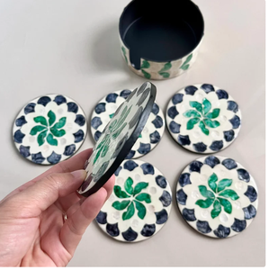 Set of 6 Green Mother Pearl Inlay Round Coasters with Holder Bohemian Style Eco-Friendly <b>Table</b> <b>Protection</b> Mats & Pads Vietnam - Product Image 3