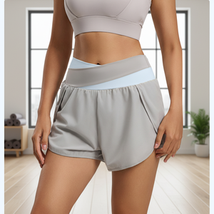 Shorts de yoga taille haute à blocs de couleur, anti-exposition, deux pièces, avec poche ventrale, respirants, séchage rapide, pour le sport et le fitness - Product Image 3