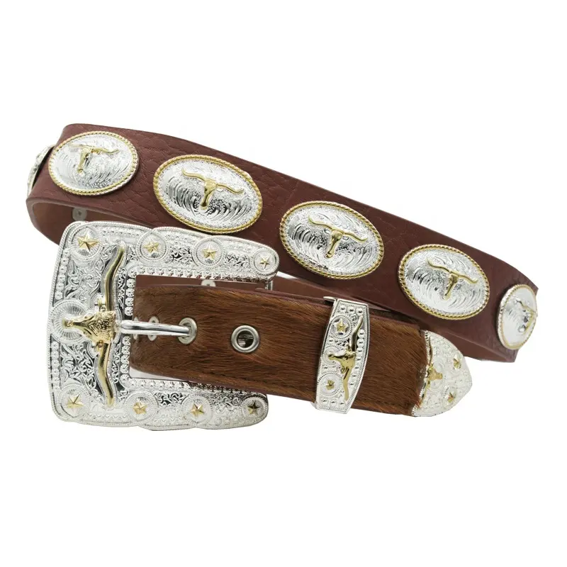 Tauren concho-cinturones removibles de cuero de vaca, tachonados, con hebilla de diamantes de imitación, color marrón, dorado, texas occidental, 120cm