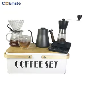 V60 المقاوم للصدأ القهوة السوداء طقم أدوات مع غطاء من البامبو الموقت طاحونة غلاية قهوة ورق فلتر المحرز في COOKMATE