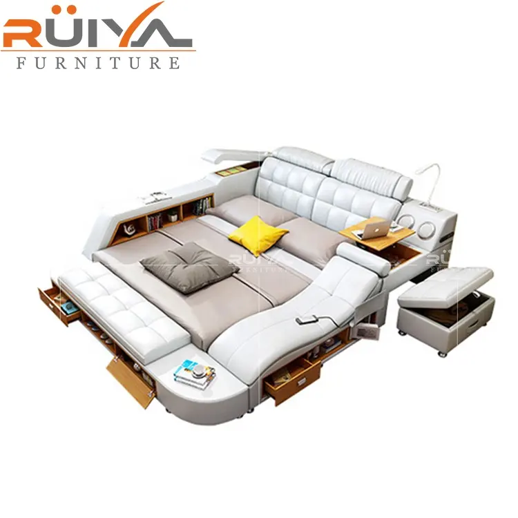 luxury italian bedroom set queen white pu leather bed with multifunction storage