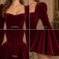 Robe Courte Femme en Velours avec Col Cœur, Bustier Corset, Manches Longues Bouffantes et Jupe Évasée pour Cocktail – Vente en Gros