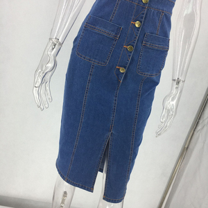 <span class=keywords><strong>Abito</strong></span> in <span class=keywords><strong>Jeans</strong></span> Blu Stile Europeo e Americano con Bottoni e Spacco per Donna - Product Image 3