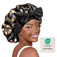 Bonnet Tendance pour Femme, Imprimé Personnalisé, à Nouer, Noir et Or, Motif Floral, Double Couche, Bande Large Ajustable, en Satin