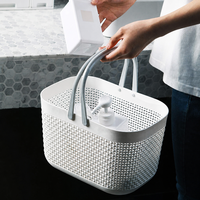 Panier de Douche en Plastique Blanc, Organisateur de Rangement de Salle de Bain, Panier Perforé avec Doubles Poignées