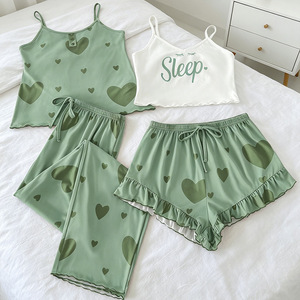 Conjunto de 4 piezas para mujer: Camisola, pantalones cortos, pijama, ropa de dormir con estampado de letras, top de dos tirantes, pantalones, atuendo de verano sin mangas, ropa de dormir. - Product Image 5