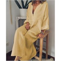 Robe longue maxi élégante pour femmes grandes tailles, col en V, manches longues, unie, coupe trapèze, style ample