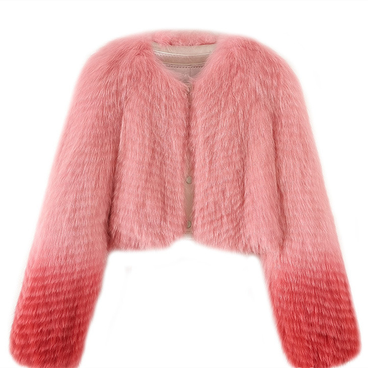Pink Color Girl's Cold Wear Long Sleeve Short Style V-Neck Sweet Warm Coat Fox Fur Jacket Coat For Ladies