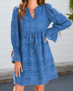 Vestido Corto Holgado Informal de Manga Larga con Encaje Calado y Cuello en V <span class=keywords><strong>para</strong></span> Mujer, Color Sólido, <span class=keywords><strong>para</strong></span> Primavera y Verano - Product Image 2