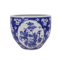 RXCS11-B Jarre en porcelaine chinoise bleue et blanche motif prune glacée avec fenêtre ouverte, motif de curiosités antiques