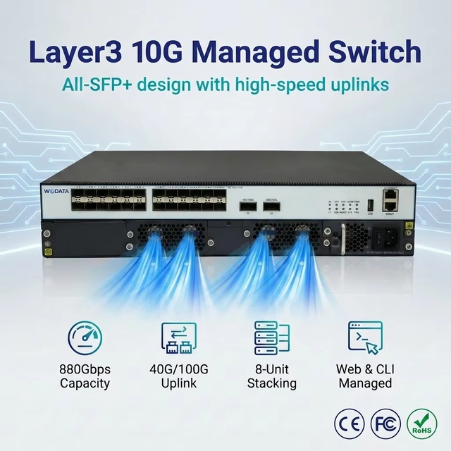 24-Port 10G SFP+ Layer 3 Core Switch 2 100G QSFP28 Uplink Managed Fiber Switch for Data Center and Enterprise Network