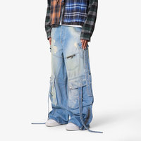 Pantalons en jean pour hommes de qualité en gros, coupe large, taille élastique, multi-poches, résistants, style cowboy, longueur complète, ourlets empilés