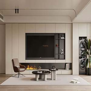 Meuble TV moderne en panneaux de particules mélaminés blancs, entièrement enveloppé, avec rangement, nouveau, mural, pour salon, chaudière - Product Image 1