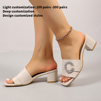 Nouvelles pantoufles de luxe sexy pour femme à talons hauts et épais, avec dessus en diamant artificiel à grosses particules en forme de C A-SH-052