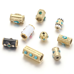 Cuentas espaciadoras grandes de ojo turco de esmalte turquesa con pedrería |   Cuentas de Tubo de Acero Inoxidable con Baño de Oro PVD de 18K para la Creación de Joyería DIY - Product Image 2