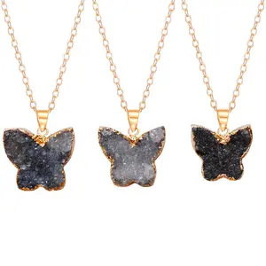 New Natural Druzy Raw Stone Crystal Drusy Crystal Cluster Butterfly Necklace