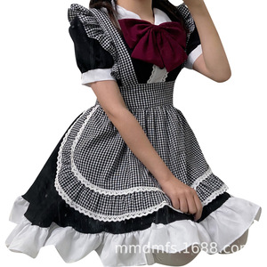 Japanese Anime Maid Cosplay Costume Lolita Dress Women Adult Black White Checkered With <b>Red</b> <b>Bow</b> Skirt Outfit - Product Image 1