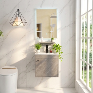 Mobile Bagno Moderno in Compensato Grigio con Lavabo Singolo a Parete, Specchio LED, Eco-Friendly, Stile Rustico - Product Image 1
