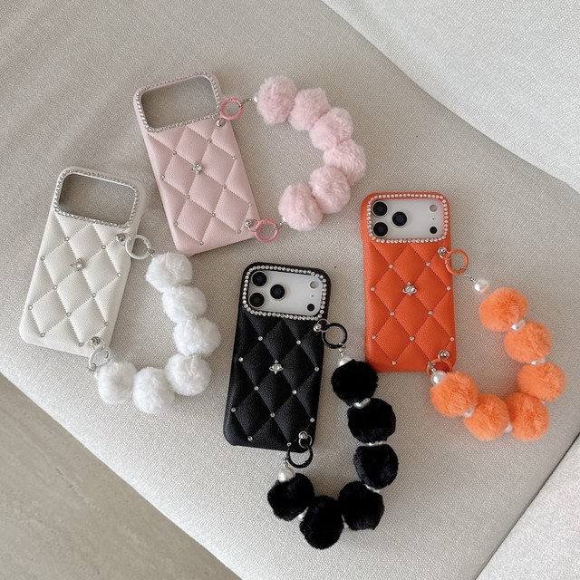 Luxury rhombus crystal diamond plush chain PU leather phone case for iPhone 13 14 15 16 17 pro max shockproof protect back cover