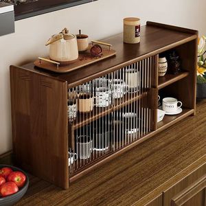 Solid Wood Cup Holder With Frosted Glass Tea Set Storage Cabinet <b>Desktop</b> Water Coffee Cup Rack 2 Tier <b>Shelf</b> - Product Image 1