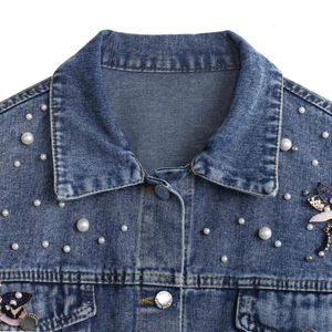 Chaqueta vaquera corta chic para mujer con decoración de libélula de perlas, cuello solapa y botonadura sencilla, estilo streetwear, venta al por mayor - Product Image 2