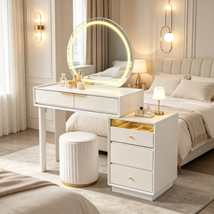 Ensemble coiffeuse extensible avec plateau en verre noir, miroir LED rond, tiroir de rangement divisé, base dorée cannelée et tabouret – Bureau de maquillage pour chambre - Product Image 5