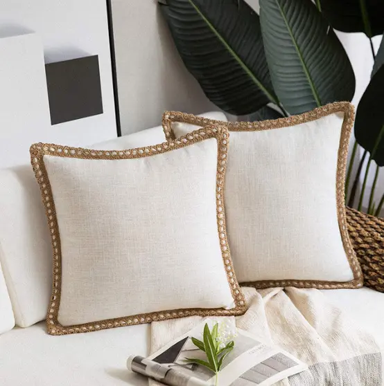 Nordic Farmhouse Decorative Trimmed Edges Cushion Pillowcase Linen Fabric 45 X 45cm Throw Pillow Cover