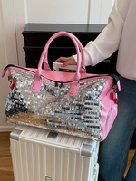 Sac de voyage week-end en sequins argentés avec garniture métallique, bandoulière réglable, compartiment à chaussures, grande capacité, sac à main pour femme