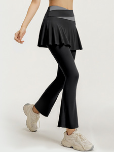 Ensemble de yoga deux pièces : pantalon taille haute et jupe évasée, couleur unie, séchage rapide et respirant - Product Image 2