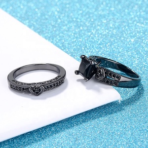 Bộ nhẫn đôi mạ vàng 18K cao cấp, hai hàng đá đen, hình trái tim, đính đá zirconia, thiết kế rỗng, kiểu xếp chồng - Product Image 6