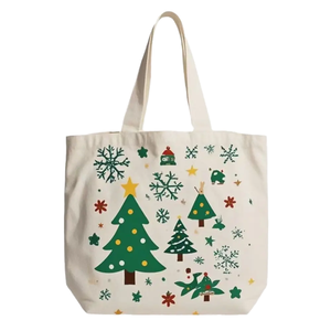 Christmas <b>Tree</b> Snowflake Pattern Canvas <b>Bag</b> Recyclable Hand Length Handle Screen Printing Design Made In Bangladesh - Product Image 1