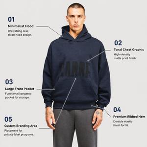 Sudadera con Capucha Premium Azul Marino para Hombre, con Estampado Gráfico Tonal CARRE y Corte Holgado con Hombros Caídos, para Ropa Urbana - Product Image 4
