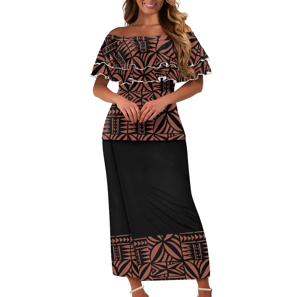 Polynesian Tribal clothing Off Shoulder Browns Samoan Puletasi Dresses Custom Print evening party 2 Pieces Puletasi Samoa set