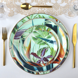 Service de Table en Porcelaine Fine à Bord Doré avec Motif Floral Vert, Vente en Gros Usine, Ustensiles Complets pour Mariages, Événements et Restaurants - Product Image 4