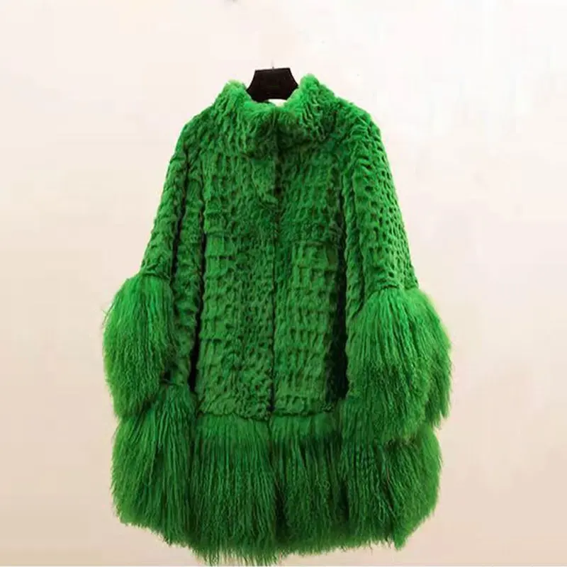 Moda tavşan kürk ceket bilezik kol kış gevşek palto kadınlar moğol koyun uzun saç kesme lüks gerçek kürk ceket