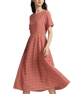 Abito da donna in cotone a scacchi rossi a maniche corte girocollo abito Midi Casual estivo per lavoro e gite - Product Image 2