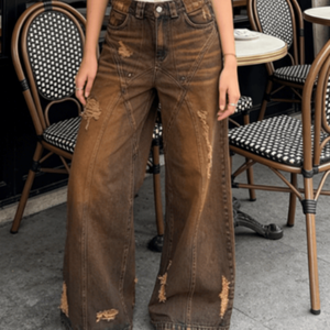 กางเกงยีนส์ทรงหลวมแนววินเทจสำหรับผู้ชาย100% สำหรับผ้ายีนส์ดิบสีน้ำตาลโคลนสกปรกซักได้เรียบมีกระดุมตกแต่งมีซิปปิด - Product Image 1