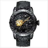 Montre automatique mécanique pour homme BIDEN 0129, sculpture de dragon dorée tendance, bracelet en silicone étanche.