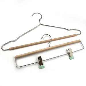 Wooden Bar Metal Hanger Garment Pants Hanger Pants Clips Hanger For Clothing Store