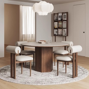 Ensemble de table à <span class=keywords><strong>manger</strong></span> ronde extensible en bois massif de style rétro moderne avec plateau en dalle de roche et chaises, meubles de salle à <span class=keywords><strong>manger</strong></span> - Product Image 1