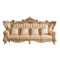Canapé en cuir de style royal européen vintage, combinaison de canapés de luxe pour salon, villa, appartement, en bois massif avec sculpture double face