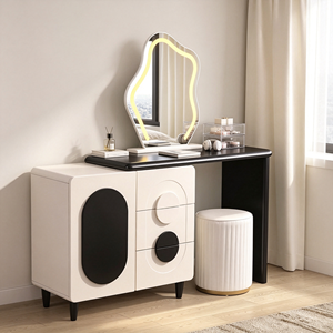 Coiffeuse moderne blanche avec miroir LED, meuble de rangement et tabouret pour chambre à coucher - Product Image 1